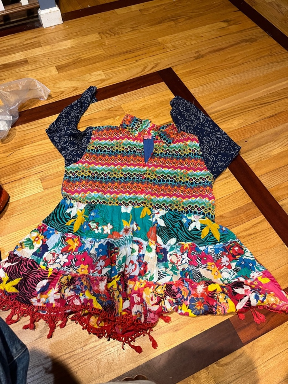 Colorful Boho Patchwork Tiered Dress with Navy Sleeves